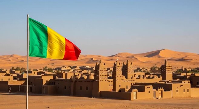 Malian flag waving over timbuktu with desert landscape and traditional architecture viewable