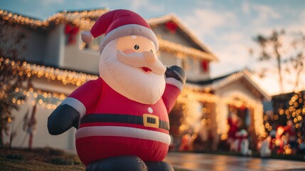 inflatable Santa Claus doll in front of a Christmas-decorated house