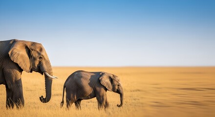 Fototapeta premium Mother and baby elephant walking through a golden savanna at sunset.