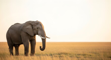 Obraz premium Majestic African Elephant Standing in Golden Savanna at Sunset with Copy Space