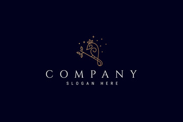 luxurious abstract bird logo with sparkling gold star in linear line art outline design style concept