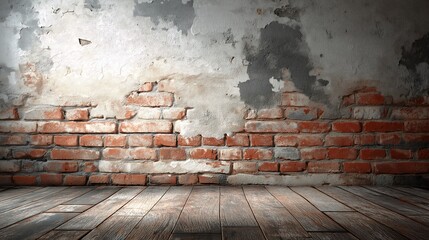 Distressed Brick Wall with Weathered Plaster Texture, Grunge Surface and Rustic Pavement Floor