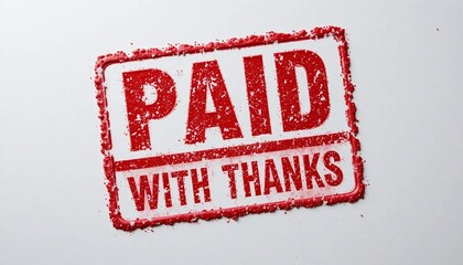 A detailed close-up of a red grunge rubber stamp imprint stating PAID WITH THANKS, signifying the successful completion of a financial transaction