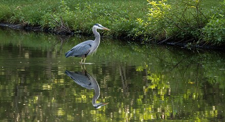 Elegant great blue heron reflected in still water amidst lush greenery