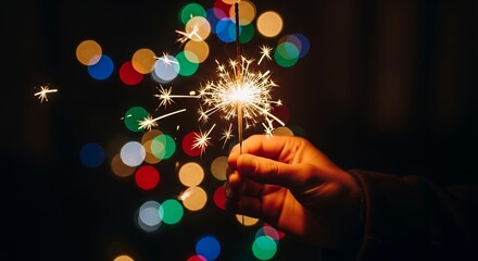 Hand holding lit sparkler with colorful bokeh lights in dark festive night
