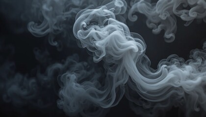 Obraz premium Ethereal flow of dense white smoke creating an intricate and mysterious abstract pattern. Swirling vapor clouds against a dark black background