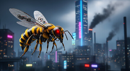 Cyberpunk Bee, Dystopian Cityscape, Futuristic Insect, Sci-Fi Concept