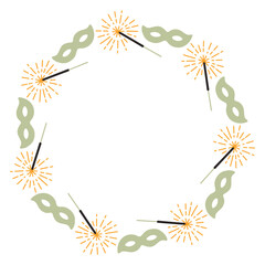 Obraz premium A festive round frame with sparklers and masquerade mask. The simple vector design perfect for Christmas and New Year decorations or holiday greetings.