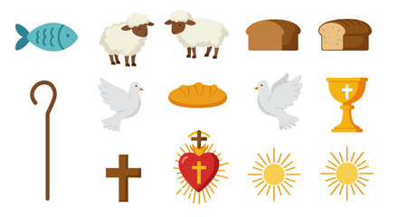 Christian symbols fish sheep bread dove chalice cross heart sun and a shepherds crook are displayed
