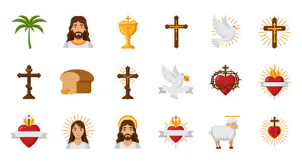 Christianthemed images palm chalice doves crosses sacred hearts bread lamb portraits radiating lines banner and thorns