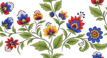Seamless floral pattern with colorful folk art flowers and leaves on white background