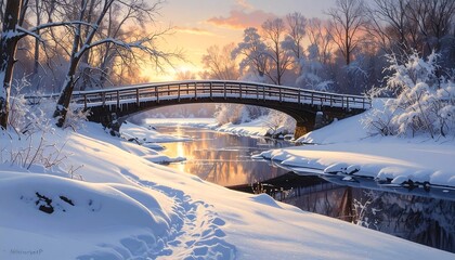 Bridge over icy river glows
