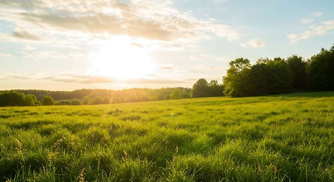 A sunburst illuminates a lush green field with trees in the background under a partly cloudy blue sky at sunset.