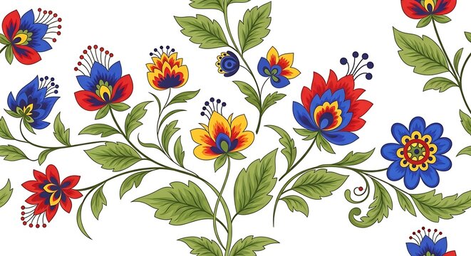 Seamless floral pattern with colorful folk art flowers and leaves on white background