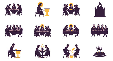 Icons depict Last Supper scenes Jesus apostles bread chalice foot washing and a silhouette of tabernacle or building