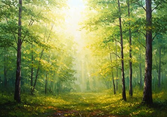 Obraz premium Sunlight filters through the lush green canopy of a dense forest, illuminating a path covered in wildflowers and foliage.