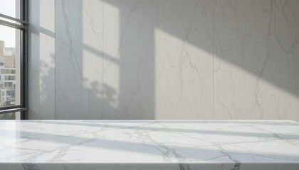 Fototapeta premium A sun-drenched marble countertop with a soft shadow pattern reflecting natural light, perfect for showcasing products or as a clean, modern background