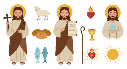 Illustrations show Jesus with Christian symbols sheep bread fish heart chalice sun