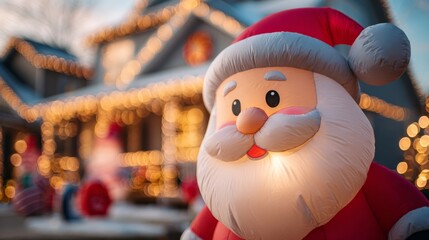 inflatable Santa Claus doll in front of a Christmas-decorated house