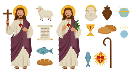 Religious art showing two figures of Jesus bread lamb and symbolic Christian icons
