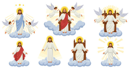 Seven Jesus Christ depictions heavenly settings various poses with light halos or crowns