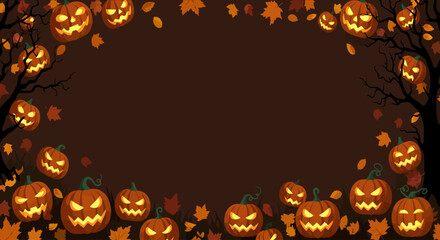 Halloween Background with Scary Pumpkins and Autumn Leaves Frame