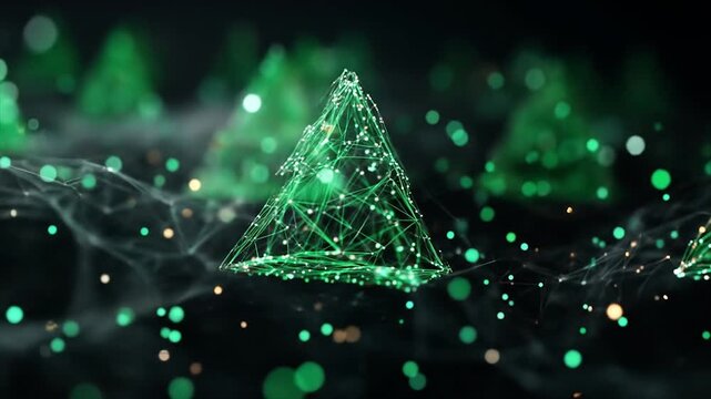 Abstract digital pyramids in green with bokeh effect against dark background