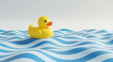Adorable yellow rubber ducky sailing on striped blue waves, evoking joy and innocence, perfect for children's themes and playful designs or creative concepts
