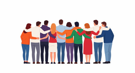 Fototapeta premium Happy people. Diverse multi-ethnic people character group hugging standing together back view. National cohesion, solidarity and unity illustration. International friendship communication vector