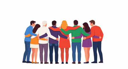 Fototapeta premium Happy people. Diverse multi-ethnic people character group hugging standing together back view. National cohesion, solidarity and unity illustration. International friendship communication vector