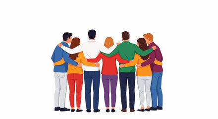 Obraz premium Happy people. Diverse multi-ethnic people character group hugging standing together back view. National cohesion, solidarity and unity illustration. International friendship communication vector