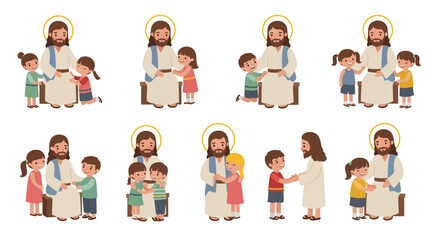 Eight illustrations show Jesus with children each with a halo and sitting on a wooden block