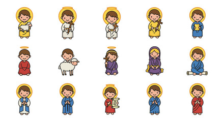 Fifteen religious cartoon figures are arranged in rows of various colors and holding different objects on a white background