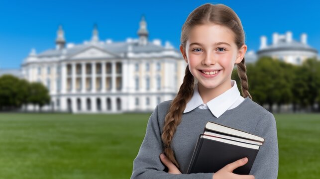 Smiling schoolgirl in uniform holding books while standing in front of a beautiful historic building on a sunny day