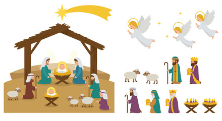 Nativity scene illustration with manger star angels shepherds wise men and sheep