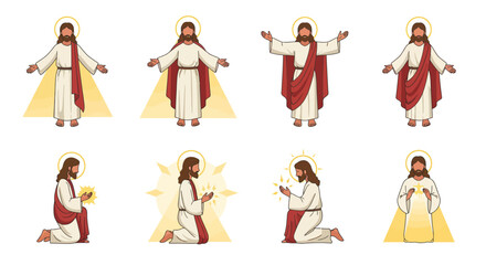 The image features cartoon illustrations of Jesus Christ in different poses