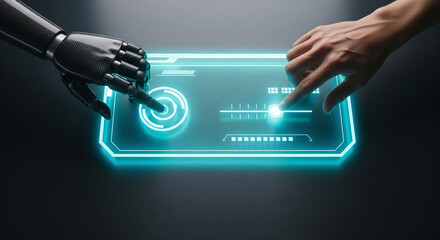 A robotic hand interacting with a futuristic holographic touchscreen interface, a perfect concept for artificial intelligence and advanced technology