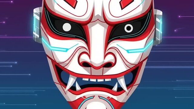Futuristic Oni Mask with Cyberpunk Elements and Neon Glow.