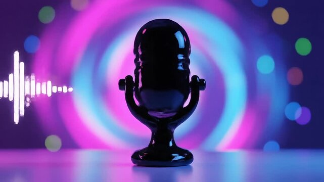 Retro microphone with glowing sound wave and vibrant bokeh lights