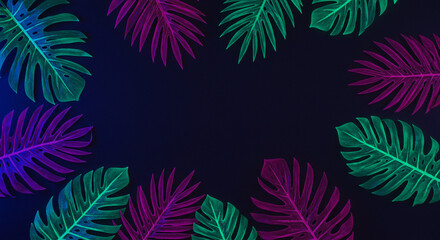 Vibrant tropical neon leaves frame for eye catching designs, a bold modern statement perfect for summer promotions and stylish creative projects