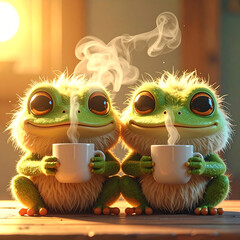 Cozy Frog Coffee Break: Two adorable cartoon frogs enjoy a warm coffee together, steamy cups of coffee in the soft morning light.