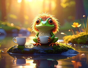 Frog with Coffee by Stream: A whimsical depiction of a cheerful frog enjoying a moment of peace with a warm cup of coffee by a serene stream, embodying tranquility and simple pleasures.