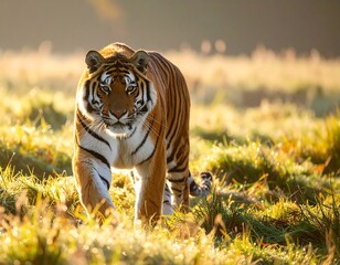 Tiger in a dewy meadow at sunrise
