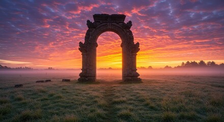 Ancient Archway at Sunrise with Misty Field
