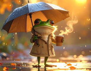 Frog's Autumnal Serenity: A whimsical frog dons a raincoat and holds a warm cup of coffee while sheltering under an umbrella in the rain, capturing the cozy ambiance of a rainy day.