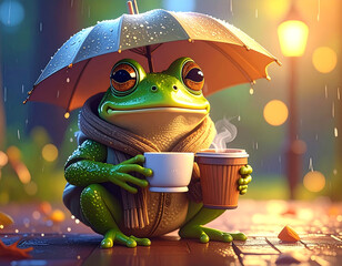 Frog's Coffee Break: A charming animated frog is enjoying a relaxing moment, sheltering from the rain under an umbrella while sipping a hot beverage, embodying serenity and contentment.