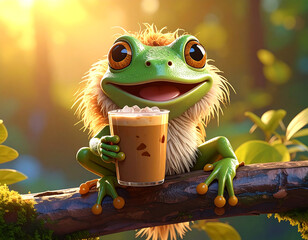 Frog with Drink: A whimsical frog enjoys an iced drink while perched on a tree branch in a lush environment.