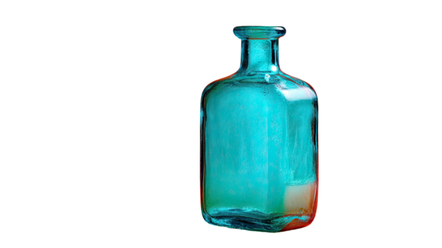 A single turquoise glass bottle standing vertically with smooth shiny surface and transparent structure isolated on white background