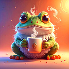 Frog's Coffee Break: A charming cartoon frog, enveloped in a whimsical atmosphere, enjoys a warm cup of coffee with an air of cozy comfort.