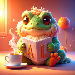 Curious Creature's Cozy Reading Nook: A whimsical, cute, adorable creature is absorbed in a storybook, enjoying a warm beverage in a cozy reading nook.
